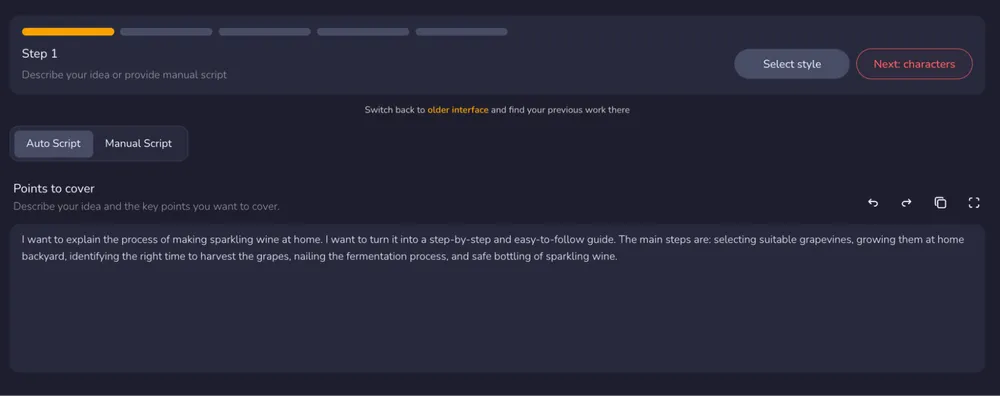 Step 1: Crreo AI Video Maker generating a video script from a simple text prompt idea.